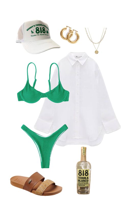 Outfit Inspo With Trucker Hat, Styling Trucker Hat, Cute Beach Hat, Summer Outfits Swimsuit, Trucker Hat Summer Outfit, River Day Outfit Summer, Green Swimsuit Outfit, Boat Outfit Women Summer, Trucker Hats Outfit