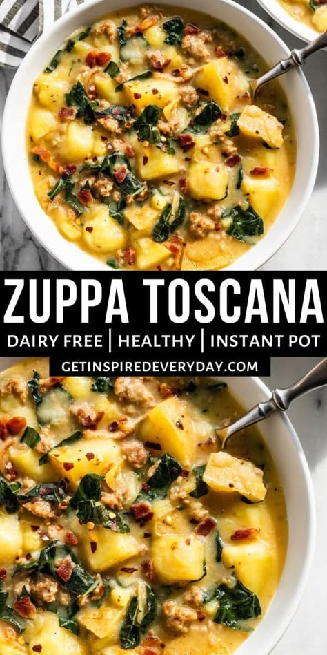 Cozy up with this easy-to-make Healthy Zuppa Toscana! You can make this in the Instant Pot or on the stove top, either way, it's super simple. This recipe is naturally gluten-free, dairy-free, and Whole30, but there is an option to add heavy cream to the recipe just like the Olive Garden classic. Chock full of sausage and potatoes with some hearty kale added in, this soup is pure comfort food. Healthy Zuppa Toscana, Crockpot Dairy Free, Sausage Potato Kale Soup, Instant Pot Zuppa Toscana, Sausage And Potatoes, Whole 30 Lunch, Whole30 Dinner Recipes, Toscana Soup, Whole 30 Meal Plan