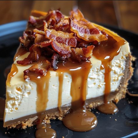 Bacon Bourbon Caramel Cheesecake blends smoky bacon, rich cheesecake, and bourbon caramel sauce for the ultimate dessert. Try it now! Bourbon Cheesecake, Bacon Cheesecake, Easy Bacon Recipes, Caramel Cheesecake Recipes, Bourbon Caramel Sauce, Bourbon Caramel, Rich Cheesecake, Bourbon Caramels, Savory Dessert