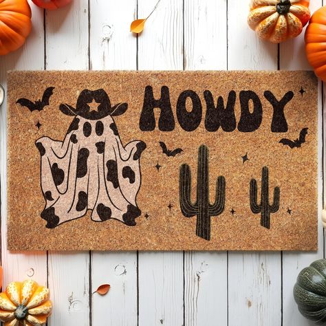 Howdy Ghost Coir Mat, Welcome Funny Halloween Coir Mat, Howdy Ghost Happy Halloween Coir Mat, Welcome Mat Door Mat, Outdoor Doormat Fall Mat Ghost and Bats, Happy Halloween, Coir Door Mat, Sweet skull, Welcome Mat Front Door Mat, Outdoor Mats, Doormat Fall Mat, Halloween Decor Mat Welcome to our store! Our doormat is made with high-quality natural coir with backs that are made with slip-resistant PVC rubber backing. All mats are printed with UV-resistant ink so that they last long under all weather conditions. Our doormat is the perfect long-lasting gift for your loved ones. Made from 100% coir, this rectangular doormat helps keep your space clean, while the backing material helps prevent it from slipping or sliding. Our doormat is made of 0.5in thick coconut coir fiber, the material easil Halloween Door Mats Funny, Halloween Rug Painting, Funny Fall Doormat, Trick Or Treaters Welcome Sign, Western Fall Paintings, Funny Diy Door Mats, Painted Door Mat Diy Fall, Spooky Door Mat, Halloween Doormat Painting