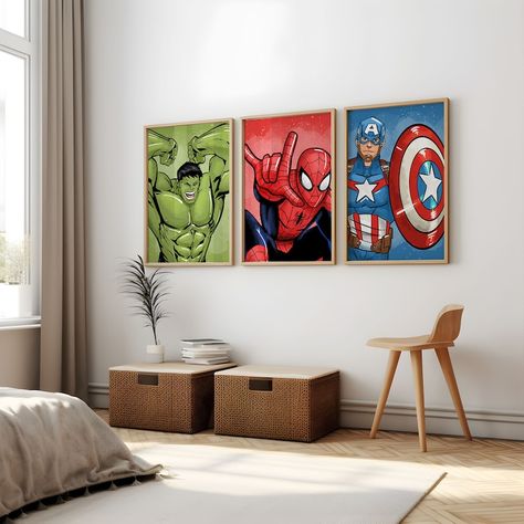 Set of 5 Colorful Supehero Wall Art, Boy Bedroom Decor, Kids Printables, Superheroes Theme, Digital Download - Etsy Canada Big Kid Room Boy Bedrooms, Superhero Bedroom Ideas Boys, Toddler Marvel Bedroom, Marvel Room Ideas Boy Bedrooms, Boys Spiderman Bedroom Ideas, Marvel Toddler Boy Room, Boys Avengers Bedroom Ideas, Boys Marvel Bedroom Ideas, Marvel Bedroom Ideas Boy Rooms