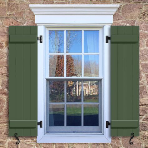 Window with green Board and Batten shutter, BBCV closed boards. California Shutters, Window Shutters Exterior, Diy Exterior, Louvered Shutters, Board Batten, Custom Shutters, Board And Batten Shutters, Interior Shutters, Wooden Shutters