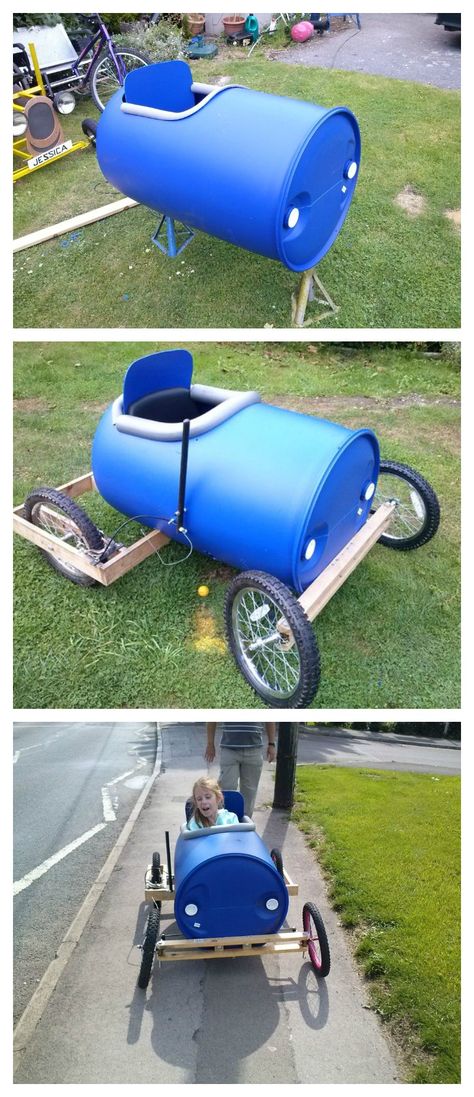 DIY Plastic Barrel Derby Car Plastic Barrel Projects, Plastic Barrel Ideas, Barrel Train, Barrel Ideas, Recycled Toys, Drums For Kids, Plastic Drums, Barrel Projects, Derby Car