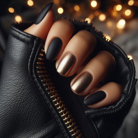 10 Fall Matte Nail Ideas 27 Black Tip Matte Nails, Black Glitter And Matte Nails, Dark Nails With Gold Foil, Nail Inspirations Black, Gloss Matte Nails, Mat Black And Gold Nails, Winter Acrylic Nail Colors, New Years Matte Nails, Matte Black Rose Gold Nails