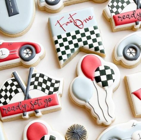 Race Car Sugar Cookies, Fast One Cookies, Race Car Cookies Decorated, Race Car Birthday Cookies, Race Car Cookies, Vintage Race Car Birthday, Vintage Race Car Party, First Birthday Cookies, Car Cookies