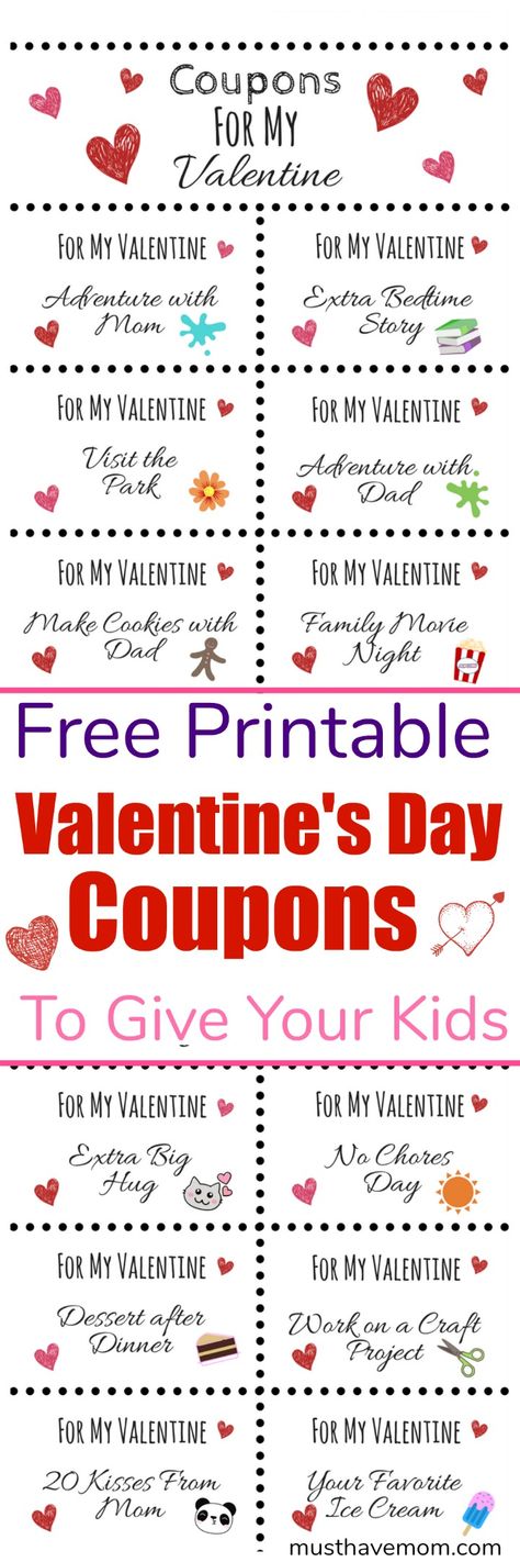 Free printable Valentine's Day coupons to give your kids! Show your love with these fun kids coupons! via @musthavemom Happy Valentines Day Printable, Kids Coupons, Classroom Party Games, Seasonal Printables, Valentine's Day Crafts For Kids, Valentine's Day Printables, Valentines Coupons, Valentines Printables Free, Holiday Crafts For Kids