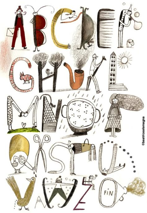 illustrated alphabet without I by Beatrice Alemagna #illustration #drawing #typography Alphabet Book Illustration, Handwritten Alphabet, Beatrice Alemagna, Topsy Turvy, Alphabet Soup, Creative Lettering, Alphabet Poster, Alphabet Design, Calligraphy Letters