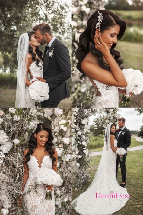 Bridal Hair With Lace Dress, Wedding Hair Down With Vail, Hair For Mermaid Wedding Dress, Flowy Curls Wedding Hairstyles, Bride Hairstyles All Down, Hairstyle Down Wedding, Wedding Hairstyles Low Back Dress, Long Hair With Wedding Veil, Wedding Hair For Mermaid Dress