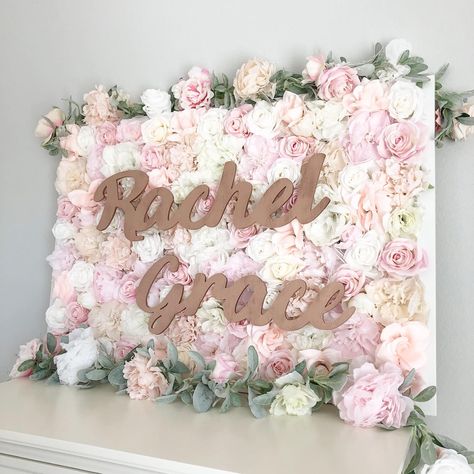 Faux Flower Wall, Flower Wall Ideas, Diy Spa Party, Rose Gold Nursery, Butterfly First Birthday, Blush Nursery Decor, Nursery Name Art, Baby Girls Bedroom, Floral Wall Backdrop