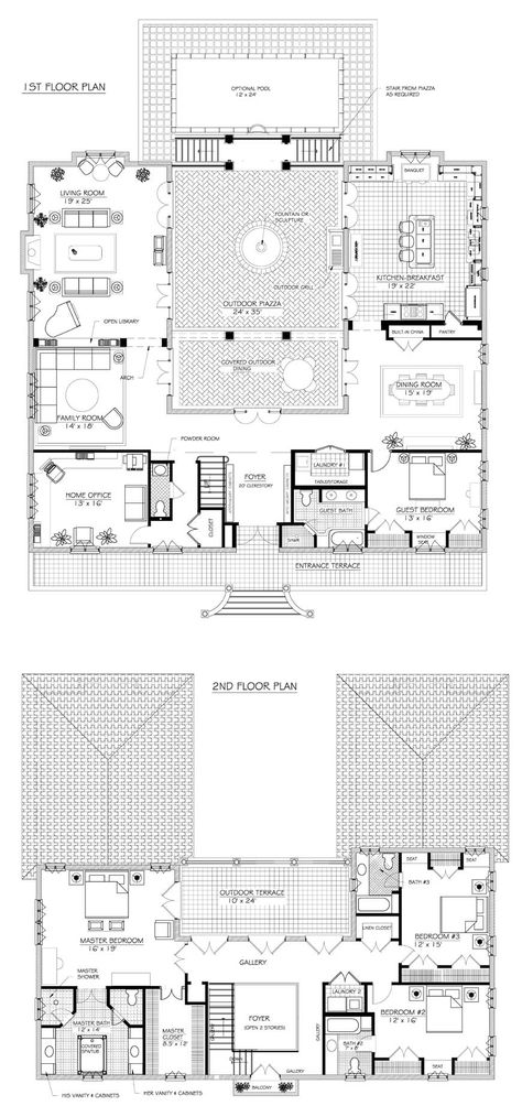 U-shaped houseplans! I knew I could find some. Mas French House Plans Modern French Style Home, U Shaped House Plans, French House Plans, U Shaped Houses, Style Fireplace, Unique Floor Plans, Farmhouse Floor Plans, Courtyard House Plans, House Plans One Story