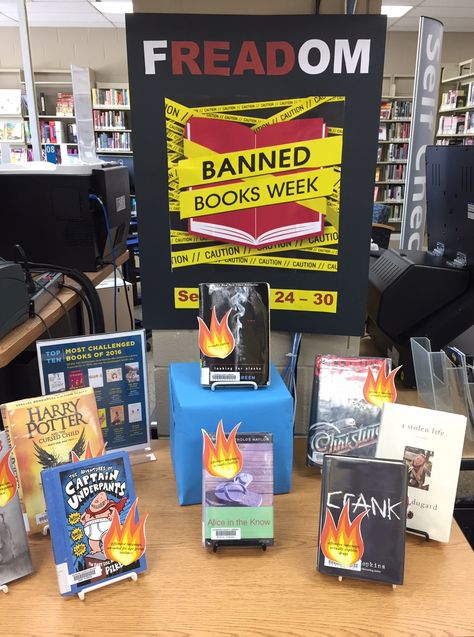 Banned Books Week display 2017. Banned Book Display Ideas, Banned Books Display Ideas, High School Library Book Display Ideas, Banned Books Library Display, Banned Book Bulletin Boards, Banned Books Display School Libraries, Banned Books Bulletin Board, Banned Books Week Library Display, Banned Book Week Display