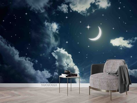 3D Night Sky Wallpaper, Moon Wall Mural, Stars Wall Decor, Cloud Wall Art, Peel and Stick, Removable Wallpaper, Wall Sticker Moon Wall Mural, Sky Nursery, Cloud Wall Art, Moon And Stars Wallpaper, Wallpaper Moon, Cloud Wall, Stars Wall Decor, Night Sky Wallpaper, Sky Wallpaper