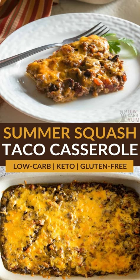 This low carb taco casserole ground beef back is perfect for family weeknight dinners. It's a keto casserole that takes less than 15 minutes to prepare. Ground Turkey Spaghetti Squash, Turkey Spaghetti Squash, Ground Turkey Spaghetti, Turkey Spaghetti, Yellow Squash Casserole, Healthy Recipes Easy, Summer Squash Recipes, Yellow Squash Recipes, Green Chilis