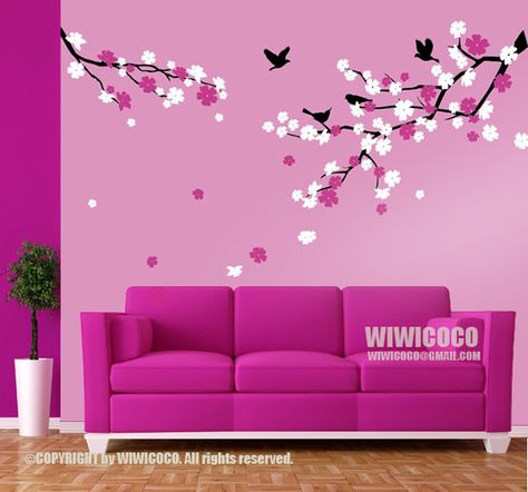 Simple Wall Paintings, Pink Painted Walls, Wall Painting Living Room, Wall Color Combination, Tree Branch Wall, Diy Wall Painting, Wall Texture Design, Interior Wall Paint