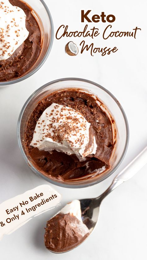 Two cups of chocolate coconut mousse with whipped cream and a spoonful next to the cups. Keto Recipes With Coconut Milk, Keto Mousse Chocolate, Paleo Dessert Easy, Coconut Cream Mousse, Keto Chocolate Coconut, Keto Chocolate Dessert, Keto Mousse, Mouse Recipes, Coconut Milk Dessert