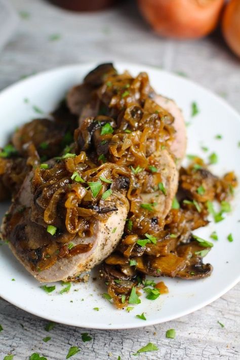 This pork tenderloin roasts in the oven and is moist, juicy, and seasoned perfectly.  The Caramelized Onions & Mushrooms are sauteed low and slow  to bring out all of the natural sugars and caramelize them to perfection with a touch of balsamic vinegar.  This is an easy, but amazing holiday dinner or christmas dinner!  #christmasdinner #porkroast #porktenderloin #caramelizedonions #maindish #roast #holidayrecipes #dinner #dinnerrecipes #glutenfree Pork Spices, Caramelized Onions And Mushrooms, Entertaining Dinner, Tenderloin Roast, Roast Dinner, Stuffed Pork Tenderloin, Over The Edge, Easter Dinner, Roasts