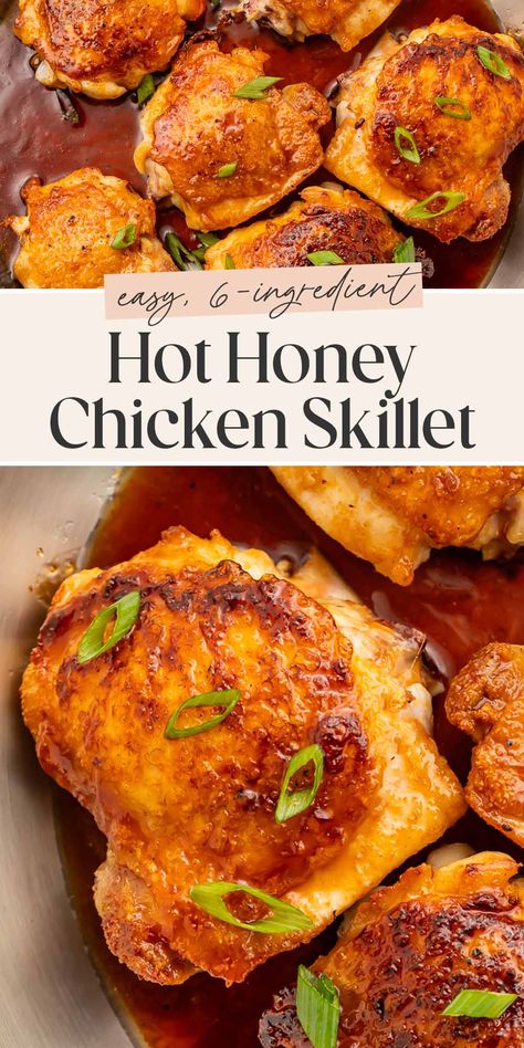 Crispy, perfectly tender, and swaddled in the most delicious hot honey sauce, this skillet chicken dinner recipe is simple but unbelievably good! My family could eat this every night, it’s just that delicious… and oh so quick and easy to make! Mikes Hot Honey Chicken Recipes, Hot Honey Grilled Chicken, Honey Sauce For Chicken, Skillet Chicken Dinner, Skillet Chicken Recipes, Honey Grilled Chicken, Hot Honey Sauce, Hot Honey Recipe, Hot Honey Chicken