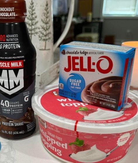 Whipped Chocolate protein pudding Protein Pudding With Cool Whip, Weight Watchers Pudding Recipes, Frozen Protein Pudding, Protein Drink Pudding Recipe, Jello Protein Pudding, High Protein Jello Mousse, High Protein Chocolate Mousse, Protein Fluff Recipe Cool Whip, Protein Drink Pudding