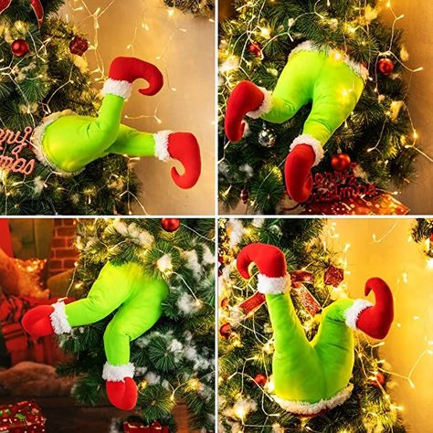 Put Grinch in a tree decoration (bottom half). Enjoy him stealing away christmas. Grinch Games, Christmas Fimo, Garland Ornaments, Santa Claus Elves, Xmas Tree Toppers, Cute Christmas Ideas, Elf Legs, Elf Christmas Tree, Grinch Party