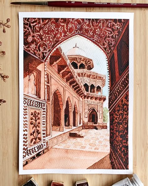 Preeti | Watercolor | Design (@samanilai) • Foton och videor på Instagram Indian Architecture Sketches, Heritage Painting, Desi Art, Architecture Drawing Sketchbooks, Persian Art Painting, South Asian Art, Watercolor Architecture, Trash Art, Mughal Art