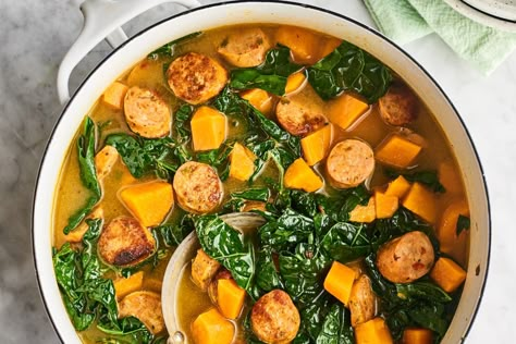 Cook once, eat all week. Kale Sweet Potato Soup, Easy Kale Recipes, Whole30 Diet, Sausage Kale, Sweet Potato Soup Recipes, Sausage Stew, Italian Chicken Sausage, Whole 30 Diet, Kale Soup