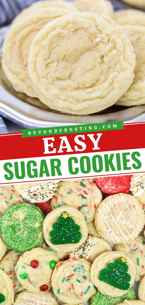 Time for another homemade Christmas cookie idea! Soft and chewy with crisp edges and a mouthwatering crumb, these Easy Sugar Cookies are just perfect. Save this holiday baking recipe and enjoy decorating these drop cookies! Soft Sugar Christmas Cookies, Preppy Kitchen Sugar Cookies, Sugar Cookie Drop Cookies, Homemade Icing For Cookies Easy, Chewy Christmas Sugar Cookies, Soft Chewy Christmas Cookies, Soft Drop Cookies, Christmas Drop Cookies Recipes, Homemade Christmas Sugar Cookies