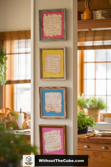 Framed recipe art is an innovative way to enhance your kitchen's ambiance while celebrating your love for cooking. By displaying personalized recipes and culinary quotes, you create a visually appealing space that inspires culinary creativity. Explore how to curate a captivating collection that reflects your unique style and passion. #HomeDecor #KitchenDesign #ArtisticWallArt #ModernStyle #FarmhouseChic #DIYDecorIdeas Fun Kitchen Signs, Kitchen Decor Artwork, Kitchen Wall Gallery Ideas, Vintage Kitchen Wall Decor Ideas, Fun Kitchen Art, Frame Recipes, Framed Recipes In Kitchen, Cookbook Decor, Recipe Display Ideas