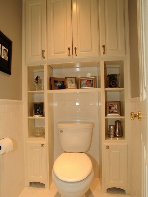 shelf behind toilet | Working With Small Spaces: Storage in a Powder Room! | Homeowner ... Makeover Kamar Mandi, Small Bedrooms, Bathroom Storage Solutions, Great Bathrooms, Decor Baie, Bathroom Redo, Bathroom Renos, Room Decorations, Traditional Bathroom