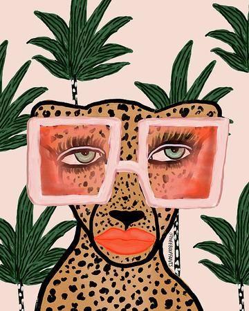 Tropical Glam Cat - Art Print Tropical Glam, Illustration Kunst, Designed Wall, Creation Art, Broken Hearts, Cat Art Print, Cat Wall Art, Art Pop, Large Canvas Prints