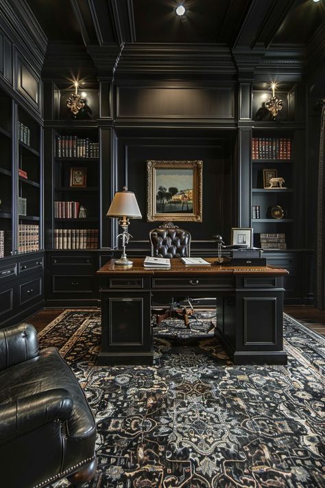 29 Dark Maximalism Ideas for an Elegant Atmosphere - My Elegant Home Black Moody Office, Luxury Craft Room, Dark Study Room, Dark Academia Study Room, Moody Study, Luxury Home Library, Gentleman Office, Dark Wood Paneling, Dark Maximalism