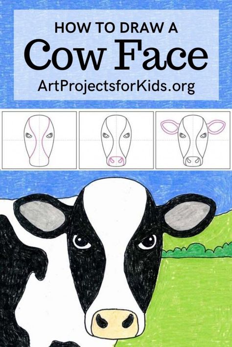 Learn how to draw a Cow Face with this fun and easy art project for kids. Simple step by step tutorial available. #howtodraw #artprojectsforkids Cow Face Drawing Easy, Farm Art Projects For Kids, How To Draw Cow, Cow Drawing Easy, Draw A Cow, Face Coloring, Face Tutorial, Cow Drawing, Kindergarten Art Projects