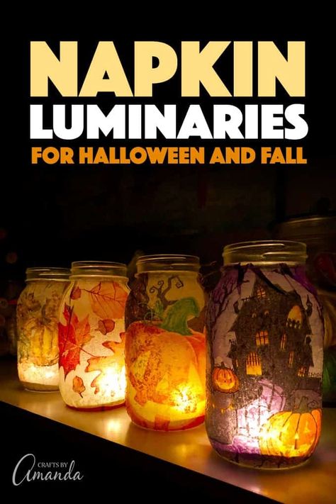 Napkin Luminaries, Mason Jar Luminaries, Halloween Lights Decorations, Halloween Mason Jars, Fall Napkins, Lights Decorations, Diy Hanging Shelves, Mason Jar Projects, Mod Podge Crafts