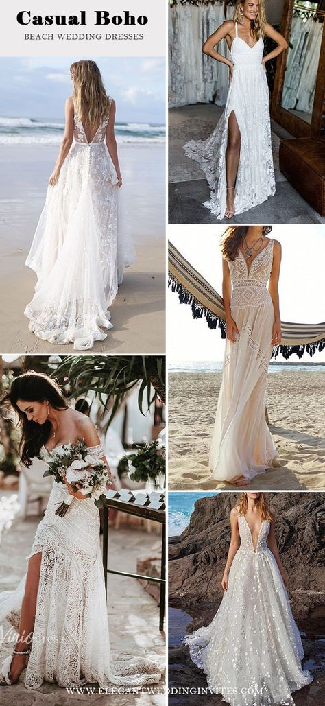 stylish casual boho beach wedding dresses Beach Theme Wedding Dress, Island Wedding Dresses, Beachy Wedding Dress, Casual Beach Wedding Dress, Small Beach Weddings, Beach Wedding Bridesmaid Dresses, Bohemian Beach Wedding, Rustic Beach Wedding, Beach Wedding Ideas