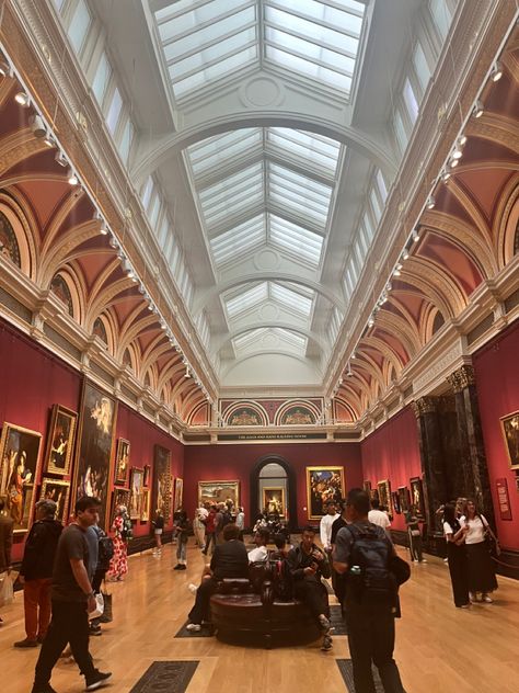 A large room in an art gallery with red walls, a glass green-house style ceiling and people looking at art. The National Gallery London, National Gallery London, London In December, My Vision Board, London Gallery, London School, Book Vibes, London Vibes, Uk Trip