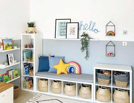 Adorable Wall Shelves For Toys with Bench and Book Shelf - Best Toy Storage Ideas For Kids: Organizational Ideas For Toys - Creative, Cute and DIY Kids Room Toy Storage #toystorage #kidstoystorage #kidsroom #playroom #organization #toystorageideas #toyorganizer #kidsbedroom #kids Playroom Neutral, Ikea Playroom, Ikea Kids Room, Toddler Playroom, Kids Playroom Decor, Ikea Kids, Playroom Storage, Playroom Design, Kids Room Organization