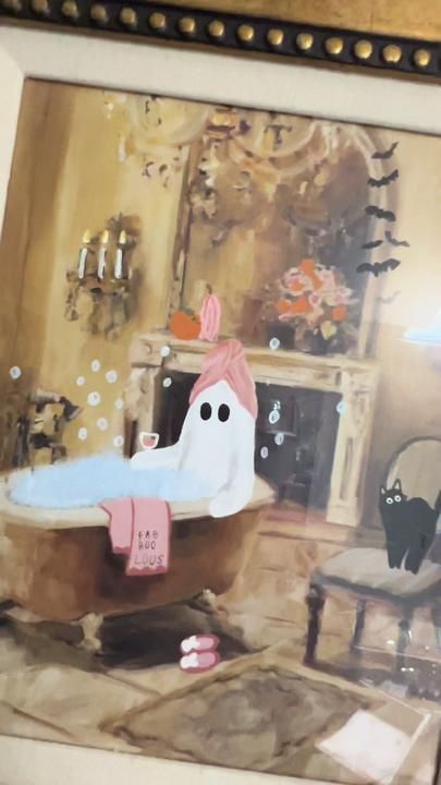 Thrift Painting, Spooky Paintings, Sheet Ghosts, Ghost Paintings, Spooky Crafts, Painting Ghost, Thrift Store Art, Ghost Painting, Pink Fall