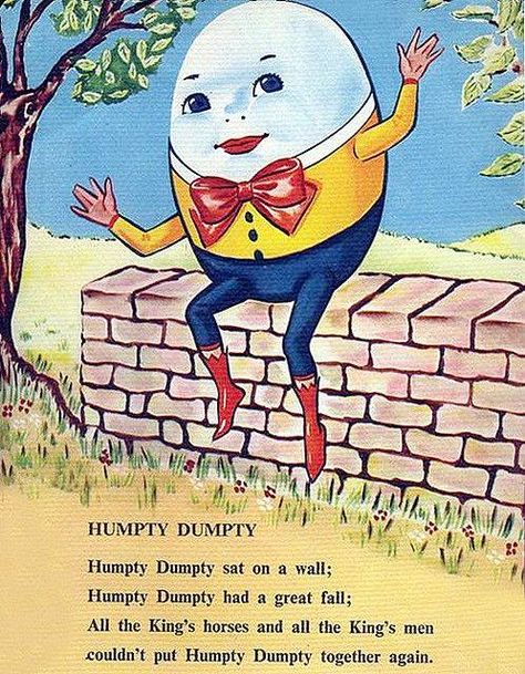 Humpty Dumpty sat on a wall Humpty Dumpty had a great fall All the king’s horses and all the king’s men Couldn’t put Humpty Dumpty together again. ~children’s rhyme Shattere… Childhood Poem, Preschool Poems, Nursery Rhymes Poems, Old Nursery Rhymes, Nursery Rhymes Lyrics, English Rhymes, Nursery Rhymes Preschool, Childrens Poems, King Horse