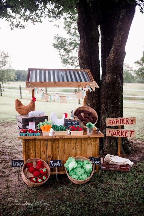 Farmer's Market Birthday Party on Kara's Party Ideas | KarasPartyIdeas.com (33) Farmers Market Cart, Market Birthday Party, Farmers Market Birthday Party, Farmers Market Party, Parties Themes, Farmers Market Stand, Expo Ideas, Farmers Market Display, Farmer Market