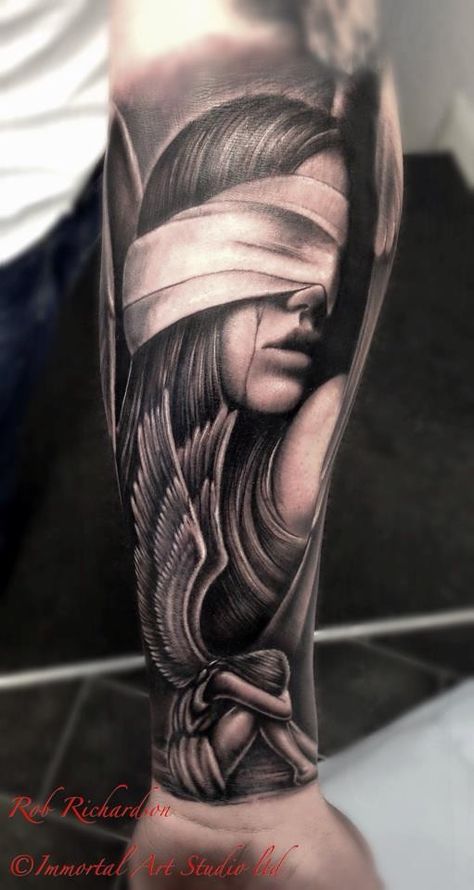 Rob Richardson Blindfold Tattoo Design, Blindfolded Angel Tattoo, Blindfold Tattoo, Angel Tattoo Meaning, Tattoo Shading, Sick Tattoo, Religious Tattoo, Angel Tattoo Designs, Asian Dragon