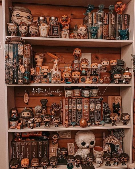 Funko Pop Display Ideas, Slytherin Room, Harry Potter Display, Harry Potter Library, Harry Potter Bedroom Decor, Игрушки Funko Pop, Funko Pop Display, Harry Potter Room Decor, Bookshelf Inspiration