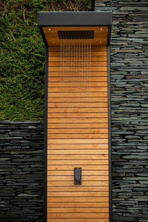 Supra Outdoor Shower — Heartwood Saunas Sauna Landscaping, Rainforest Shower Head, Backyard Sauna, Outdoor Saunas, Piscinas Pequeñas, Exterior Landscaping, Rainforest Shower, Spain House, Sauna Diy