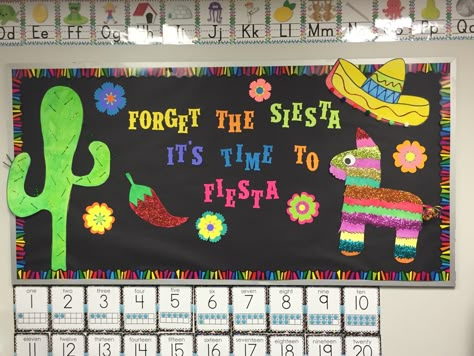 Fiesta bulletin board Spanish Bulletin Board Ideas Preschool, Fiesta Theme Bulletin Board, Fiesta Theme Classroom Door, Taco Theme Bulletin Board, Mexican Bulletin Board, Fiesta Theme Classroom Decorations, Pinata Bulletin Board, Fiesta Classroom Decor, Mexican Classroom Theme