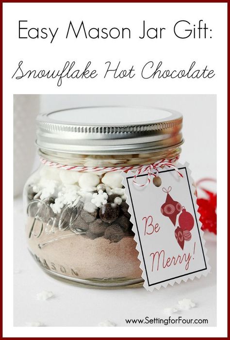 Easy DIY Jar Craft - Christmas Mason Jar Gift Idea filled with Snowflake Hot Chocolate! | www.settingforfour.com Jar Food Gifts, Recipes Treats, Hello Holidays, Mason Jar Gifts Diy, Mason Jar Gift, Holiday Gift Tags Printable, Christmas Food Treats, Free Christmas Gifts, Mason Jar Meals