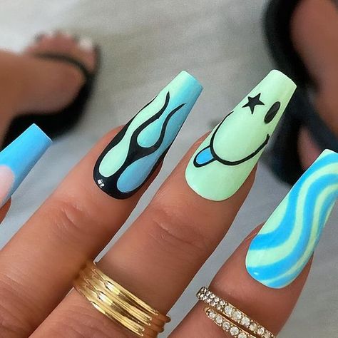 PRESS ON NAILS 🖤 on Instagram: "Suns out…. Bright mix & match nails are on ☀️🩵💦  Set price £30   Using all @glitterbels  Discount code PBCJULY ✨  Rings are all @pryaofficial 🤩🤩#ad   #nails #nailsnailsnails #nailsofinstagram #nailart #bluenails #nailinspo #nailinspiration #greennails #mixandmatchnails #pressonnails #pressonnailsuk #naildesign #naildesigns" Match Nails, Mix Match Nails, Suns Out, Green Nails, Blue Nails, Fake Nails, On Set, Discount Code, Mix Match