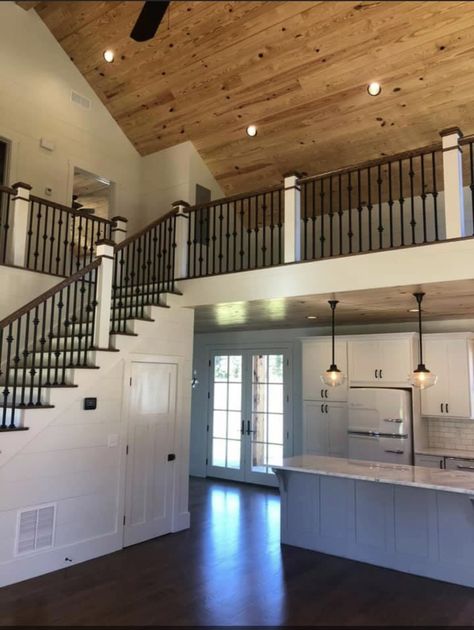 Barndo Staircase, Barndo Layout, Barndominiums On A Budget, Interior Barndominium Ideas, Interior Barndominium, Loft Above Kitchen, Barndominium Kitchen Ideas, Floor Plan Barndominium, Crib Inspiration