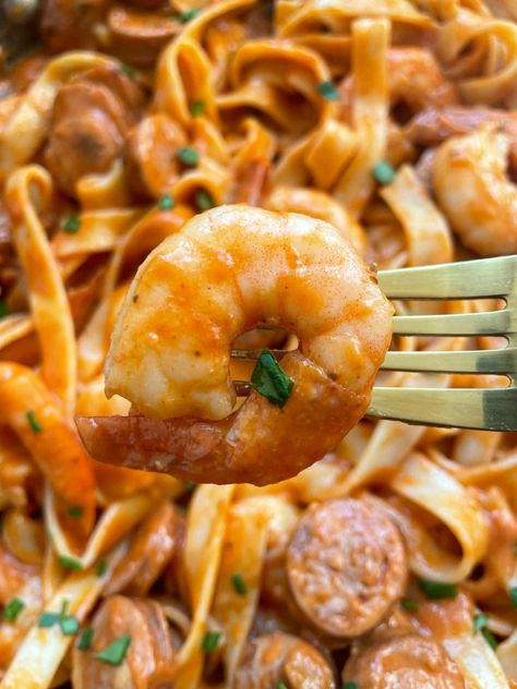 Shrimp and Sausage Pasta | Creamy Cajun Sauce Cajun Shrimp And Sausage Pasta, Smoked Sausage Recipes Pasta, Creamy Cajun Sauce, Sausage Alfredo Pasta, Shrimp And Sausage Pasta, Sausage Alfredo, Smoked Sausage Pasta, Shrimp And Sausage, Pasta Creamy