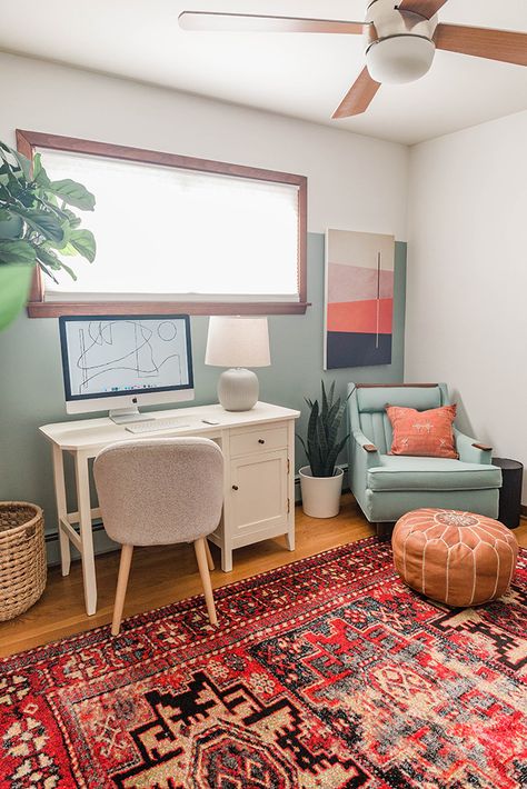 A Colorful Office Makeover Challenge - Dream Green DIY Pink Aesthetic Office Ideas, Boho Colorful Office, Cozy Office Design, Colorful Office Interior, Home Office Colorful, Colorful Cozy Home, Funky Home Office, Office Decor Colorful, Colorful Office Space