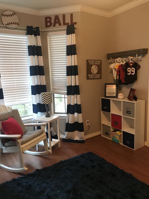 Baseball nursery, red white and blue nursery decor, boy nursery, baseball baby room White And Blue Nursery, Blue Curtains Bedroom, Boys Room Blue, Toddler Bed Boy, Baseball Bedroom, Baseball Nursery, Baby Boy Room, Boy Nursery Themes, Sport Bedroom