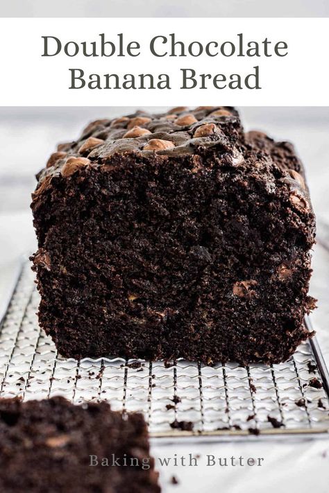 This double chocolate banana bread recipe is rich and moist, with a chocolate banana base and dark chocolate chips. It’s the perfect use for overripe bananas. Sourdough Banana Bread Recipe, Double Chocolate Banana Bread Recipe, Double Chocolate Banana Bread, Chocolate Banana Bread Recipe, Banana Bread Loaf, Moist Banana Bread, Chocolate Banana Bread, Chocolate Chip Banana Bread, Banana Bread Recipe