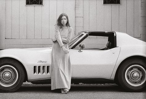 Joan Didion with her 1969 yellow Corvette Stingray. Sadly, she traded it  for a Volvo. Battery Illustration, Joan Didion Quotes, Joan Didion, Vanessa Redgrave, American Bandstand, The White Album, Dorothy Parker, Sunset Boulevard, Magical Thinking